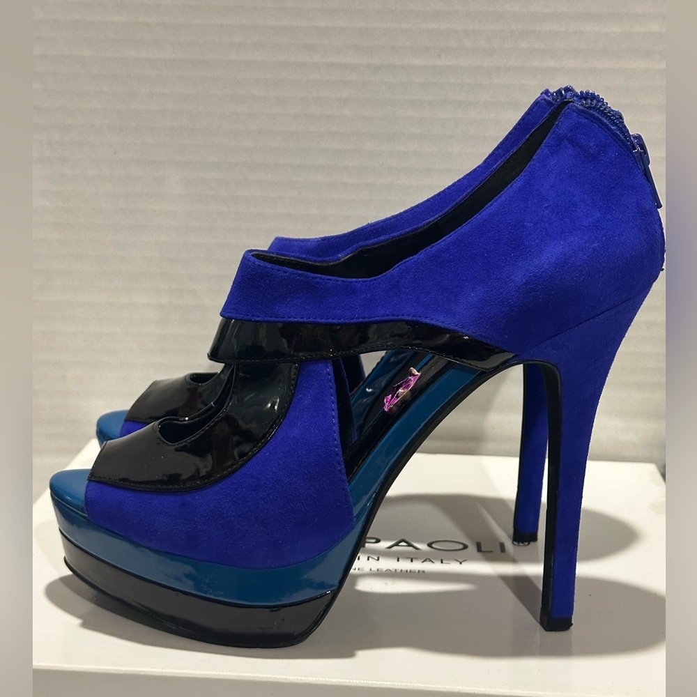 Jessica Simpson Royal Blue suede patent leather Black Heels Platform peep Toe